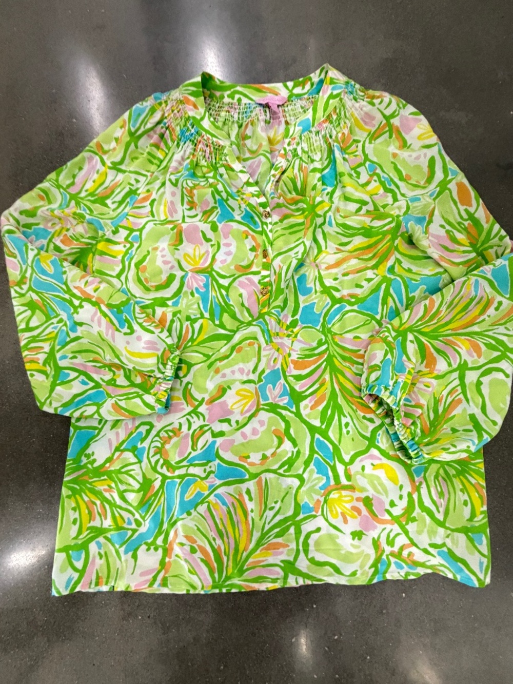 Lilly Pulitzer 100% silk blouse sz XL floral multicolor green pink yellow *flaw